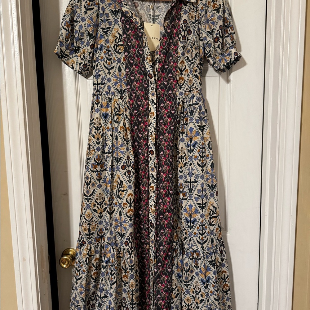 Entro Geometric Print Maxi Dress - Blue, Cream, Pink